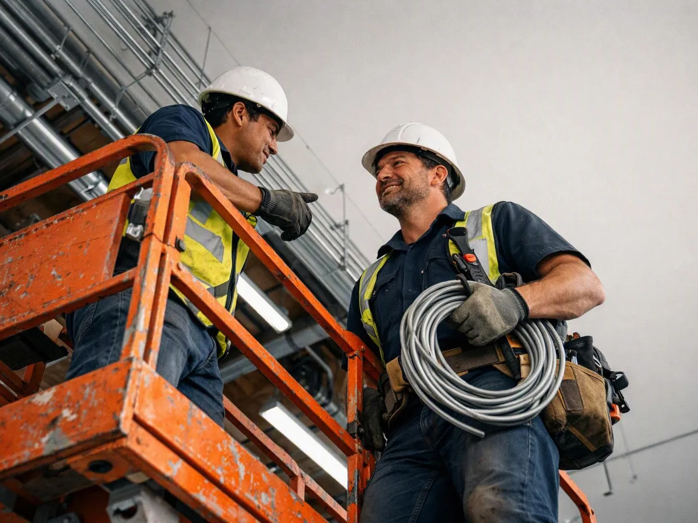 Two workers in hard hats talk on an orange lift, one holding coiled cable inside a large industrial space