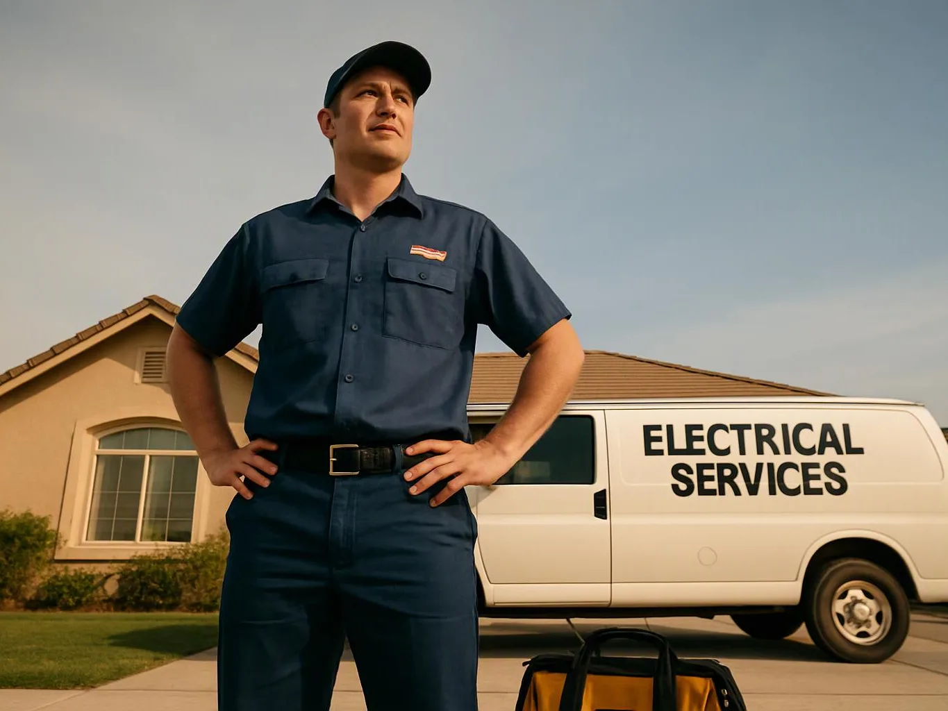A uniformed electrician stands in a driveway beside a van labeled electrical services, with a house behind him