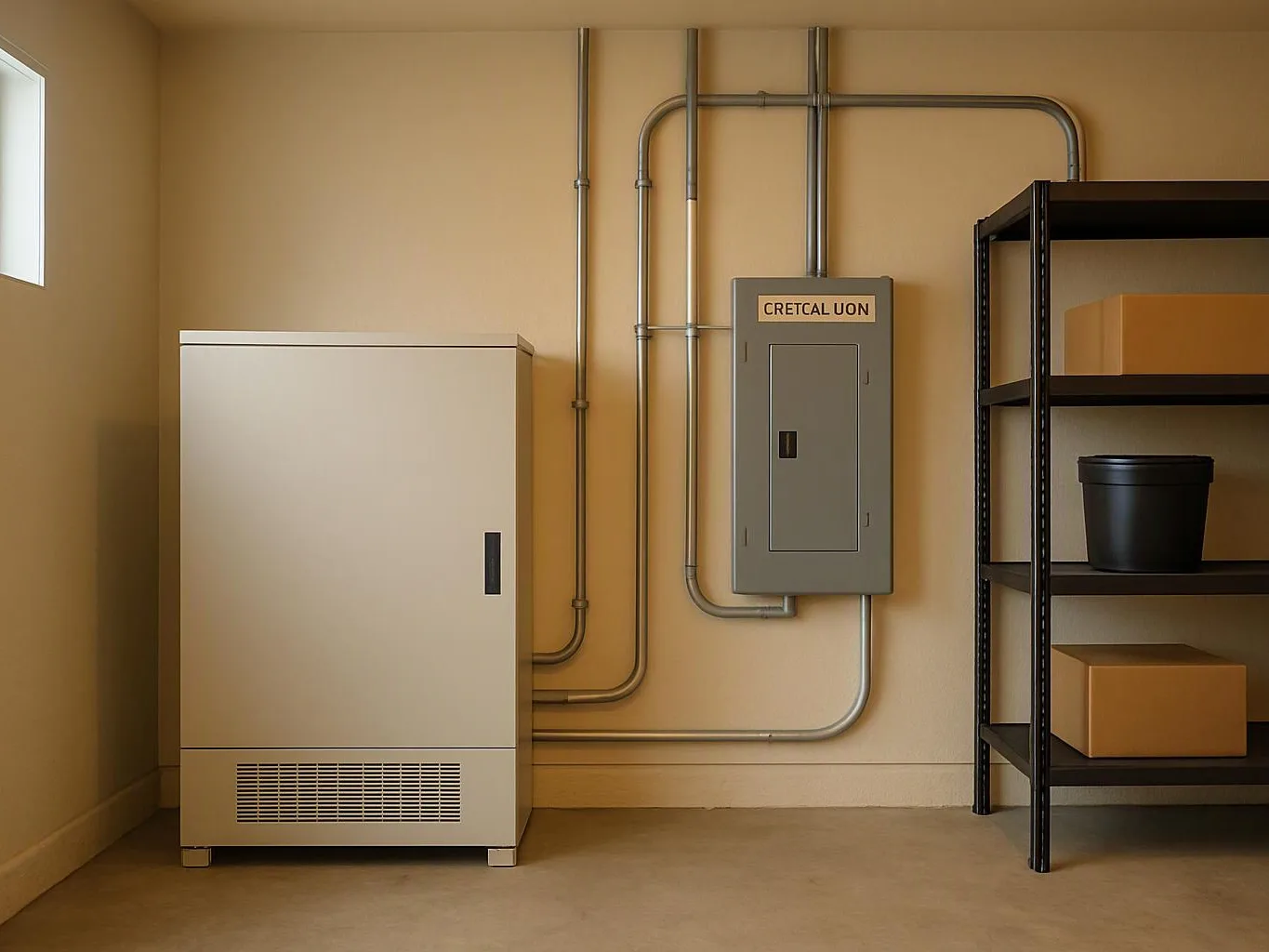 A utility room shows a large cabinet, wall-mounted electrical panel, and shelving with boxes and a black bin