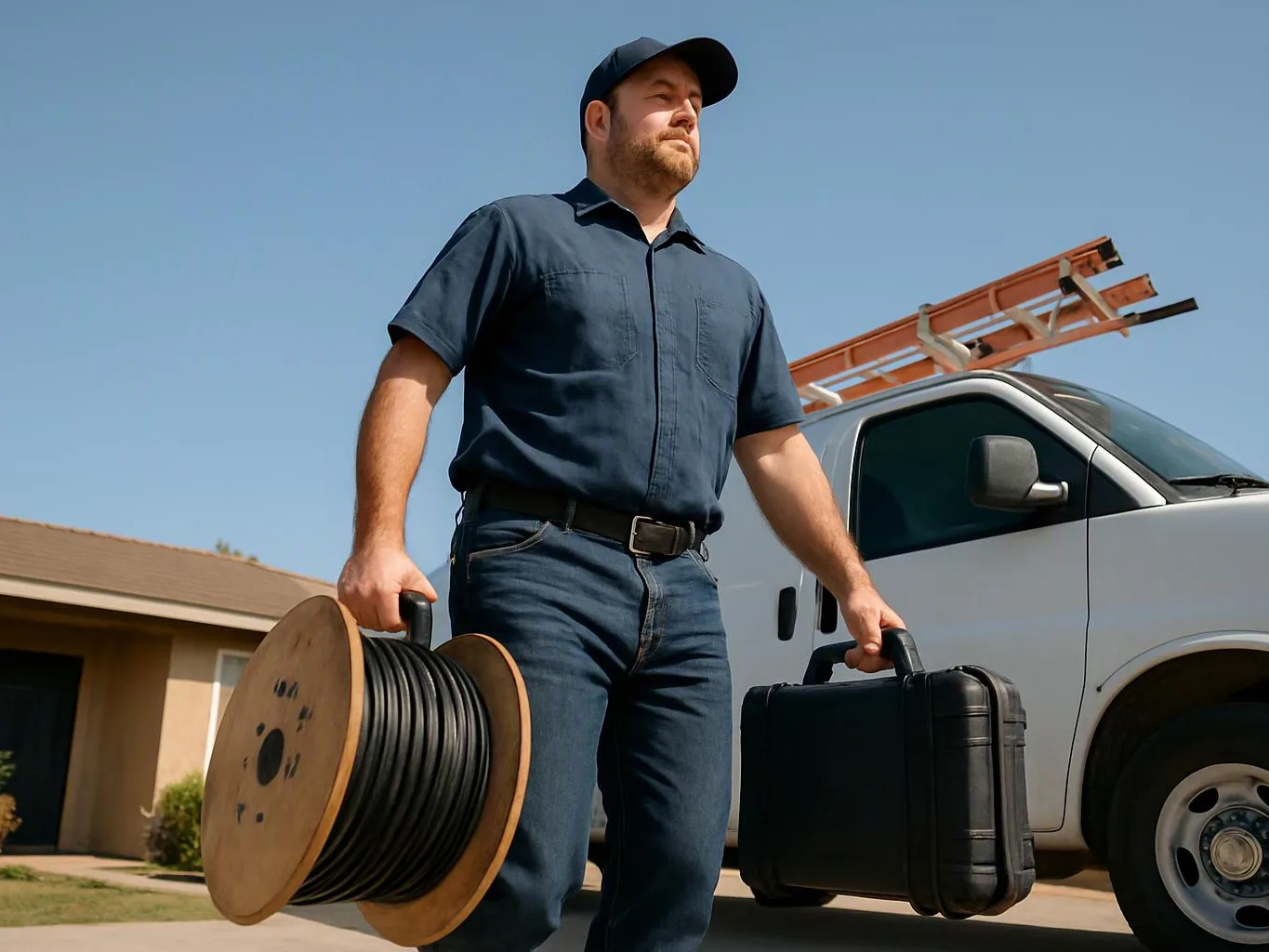 A utility worker carries a cable spool and a hard case beside a white van in a sunny driveway