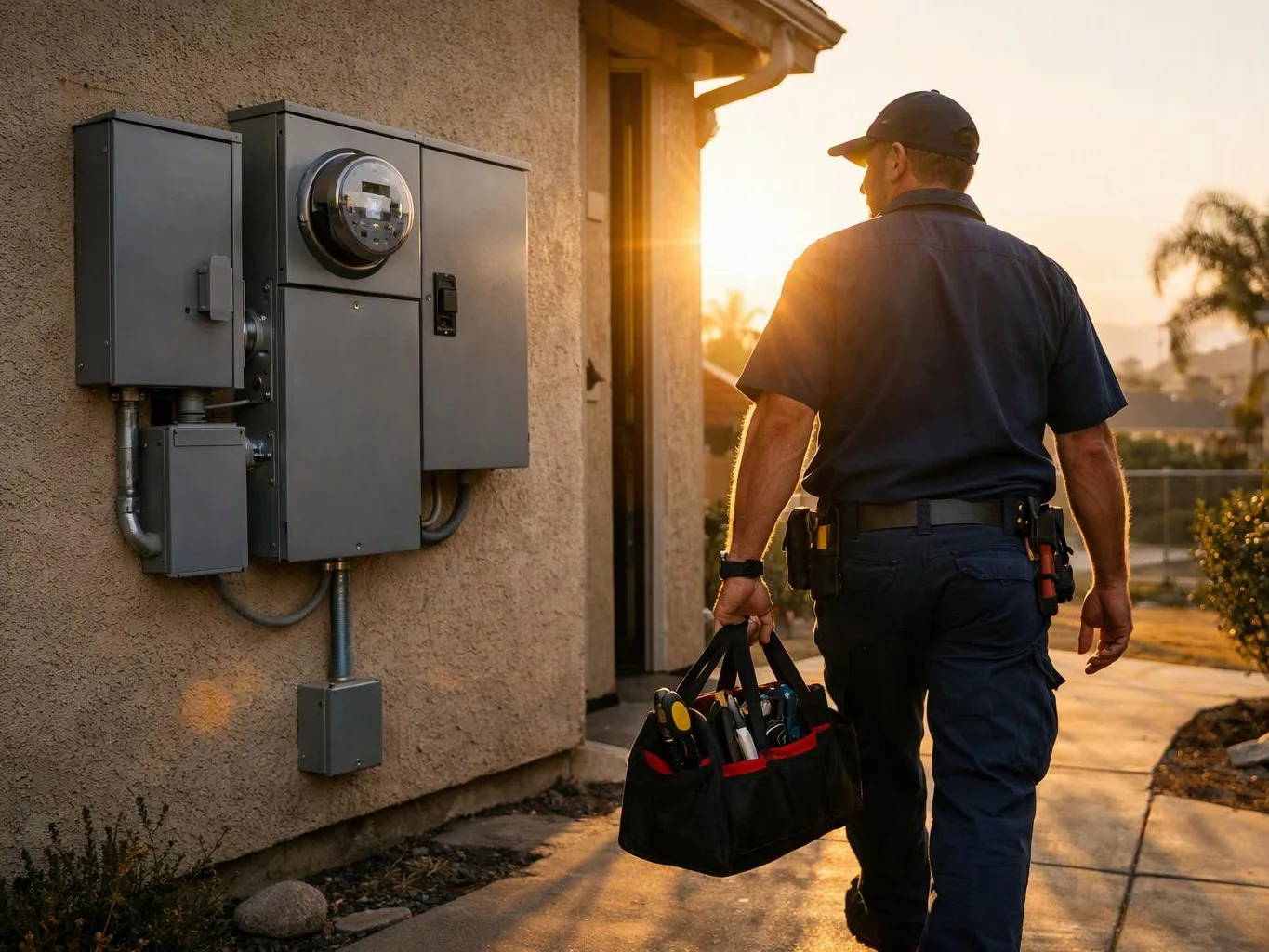 A utility worker walks beside a house carrying a tool bag past electrical meter boxes at sunset