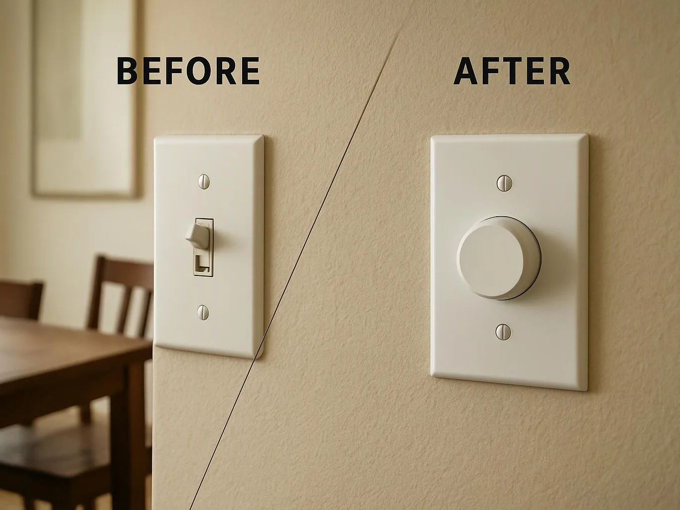 A wall light switch changes from a small toggle to a large round dimmer beside a blurred dining table