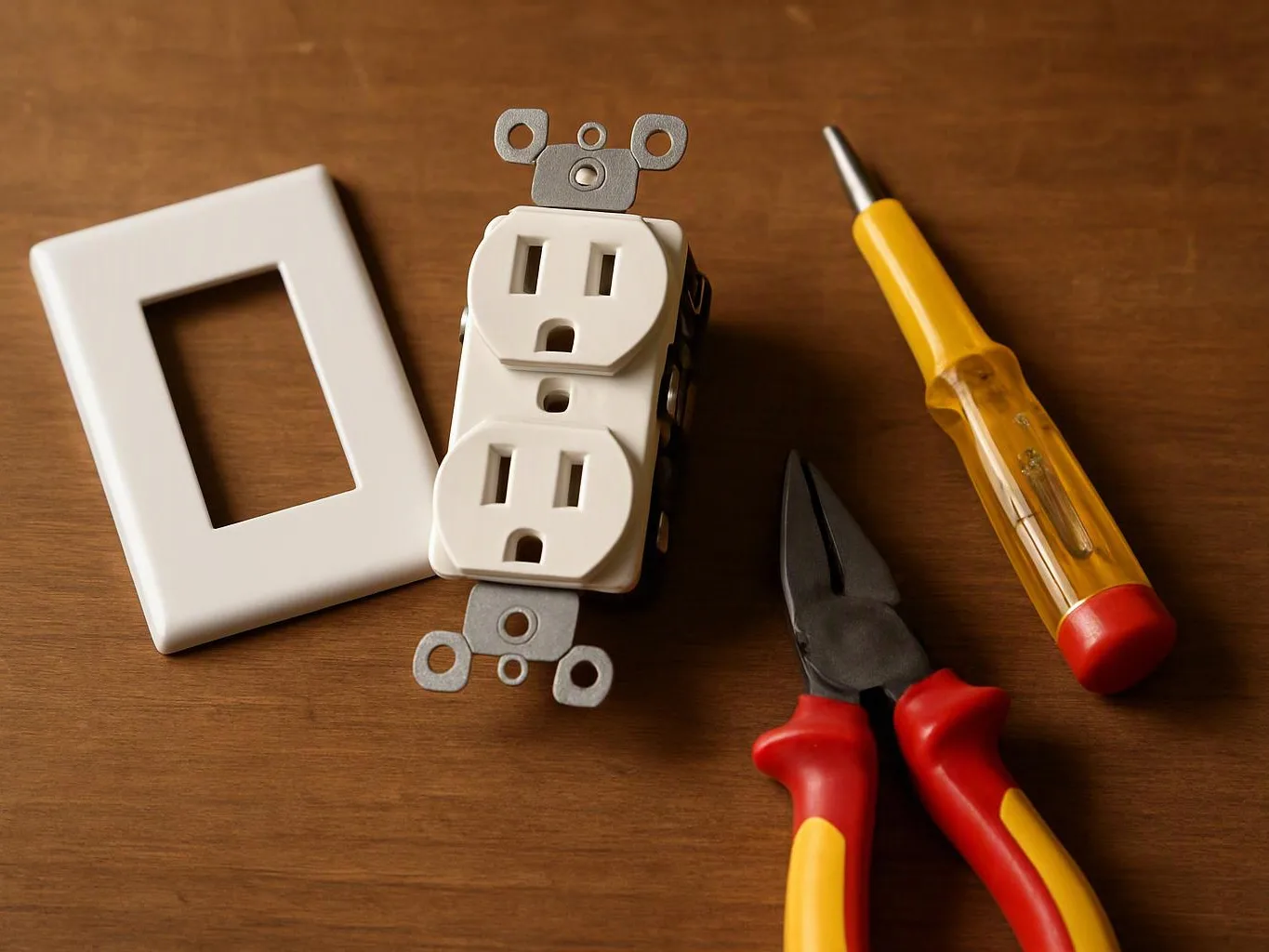 A wall outlet and blank switch plate sit on a wooden surface beside a screwdriver and pliers
