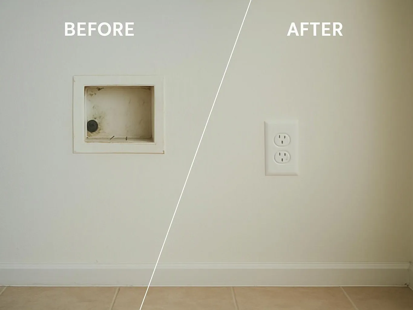 A wall shows a before-and-after cutout changed into a two-socket outlet plate