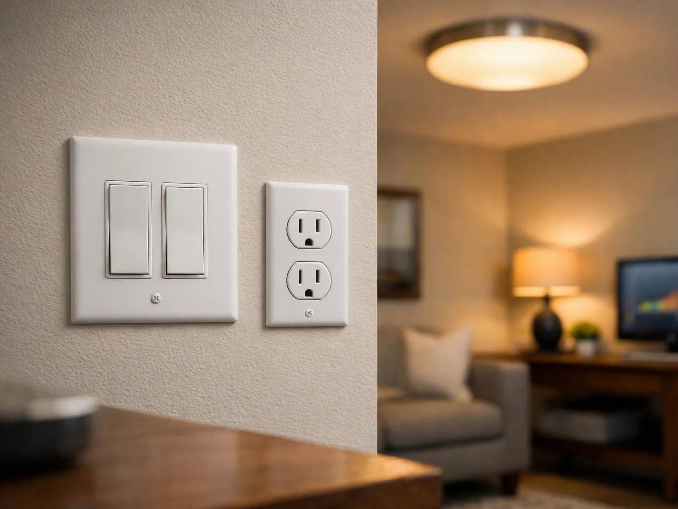 A wall switch and outlet sit in the foreground, with a softly lit living room blurred behind them