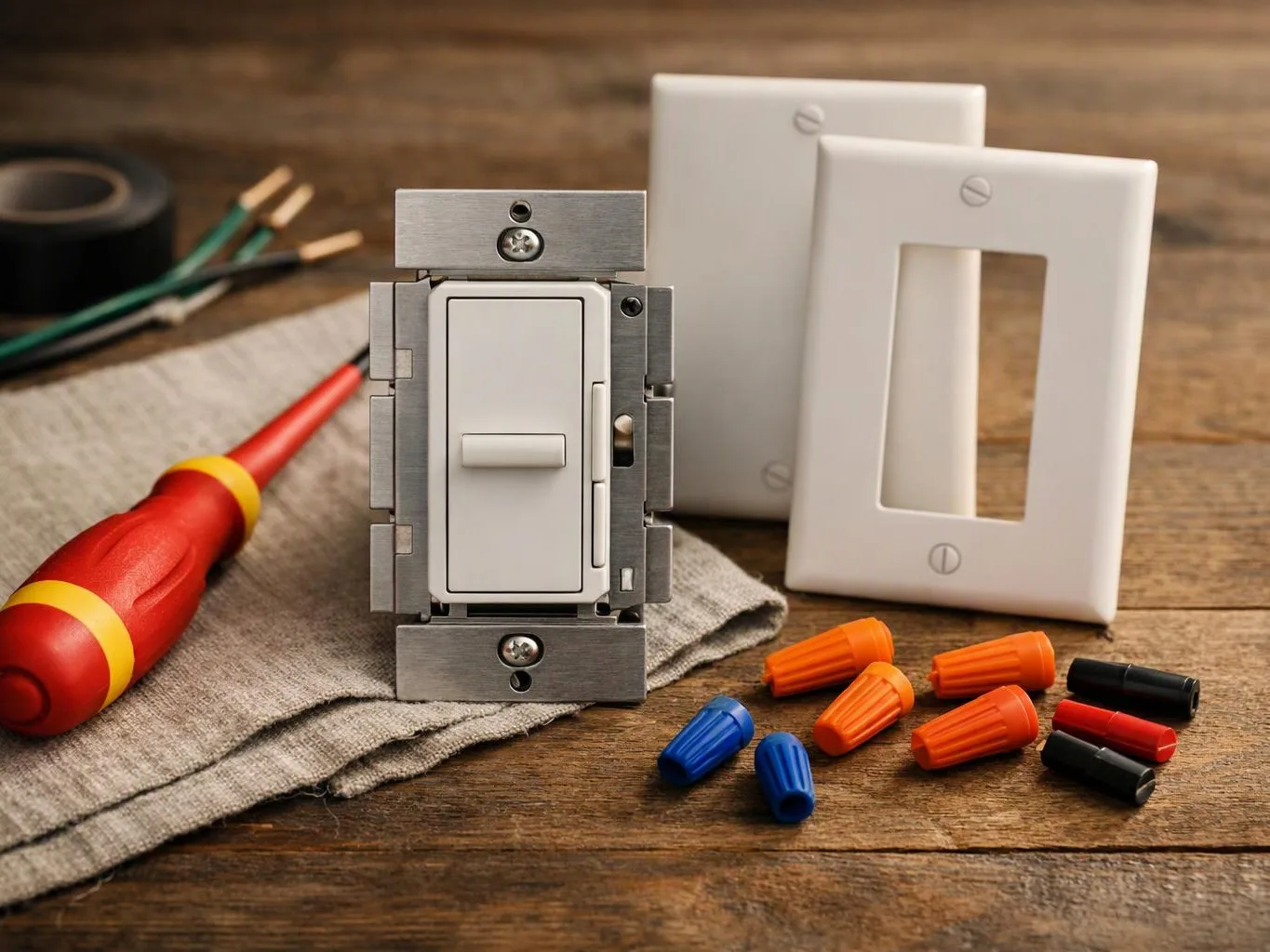 A wall switch, screwdrivers, wire nuts, and faceplates sit on a wooden work surface