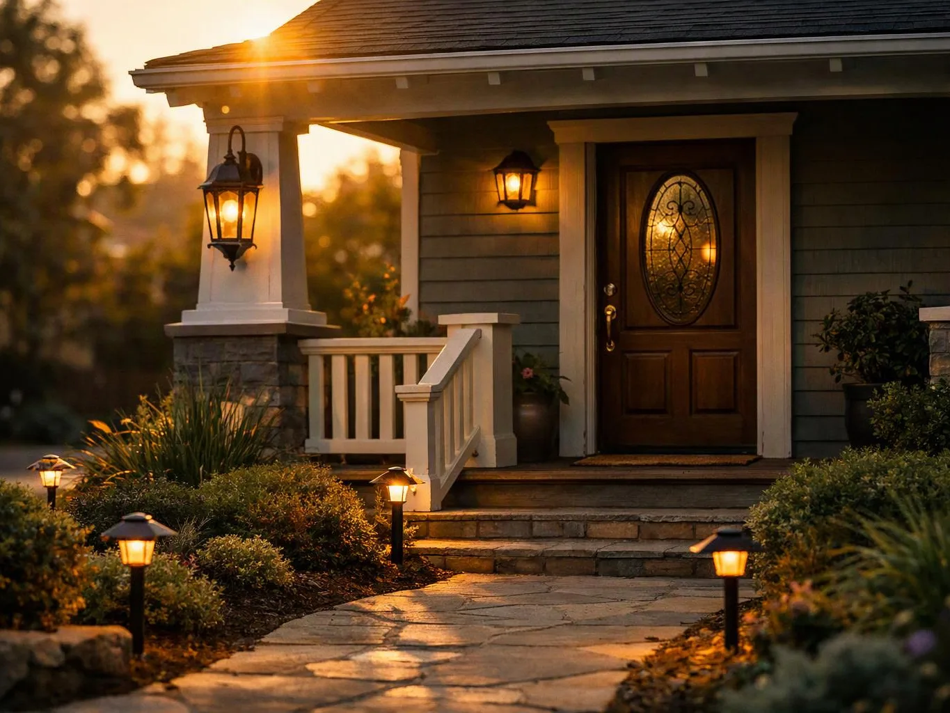 A warmly lit front porch with a wooden door, lanterns, and a stone path at sunset
