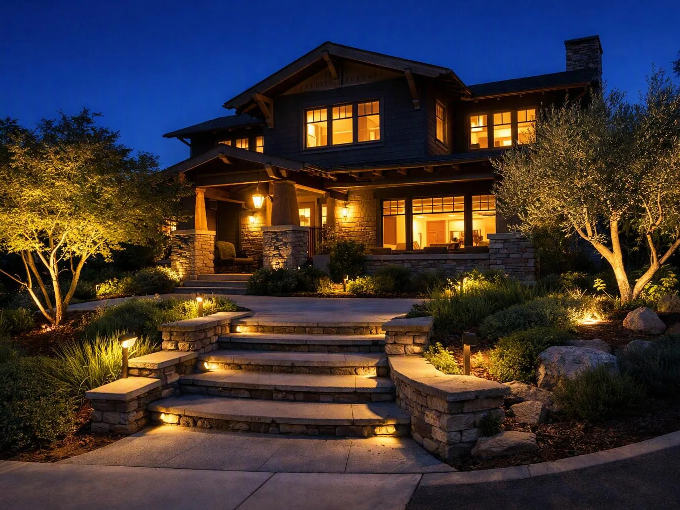 A warmly lit two-story house sits at dusk, with stone steps, landscaped shrubs, and glowing path lights