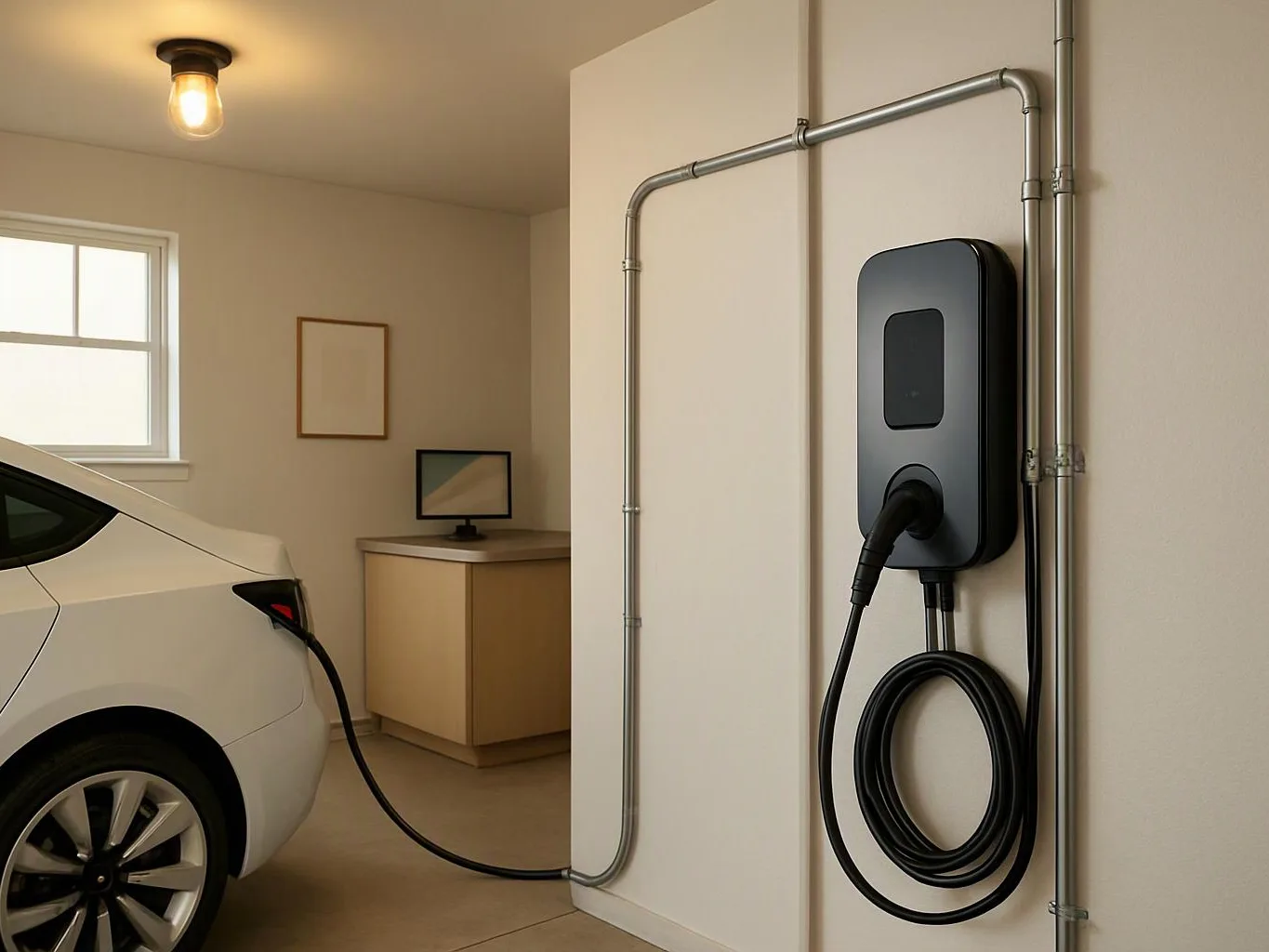 A white electric car charges in a tidy garage beside a wall-mounted charging unit and coiled cable