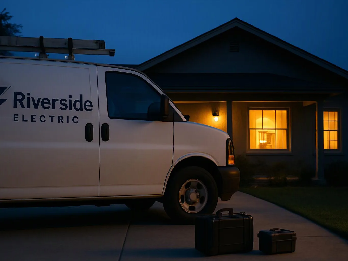 A white electric service van sits in a driveway beside a lit house at dusk, with two black cases on the pavement