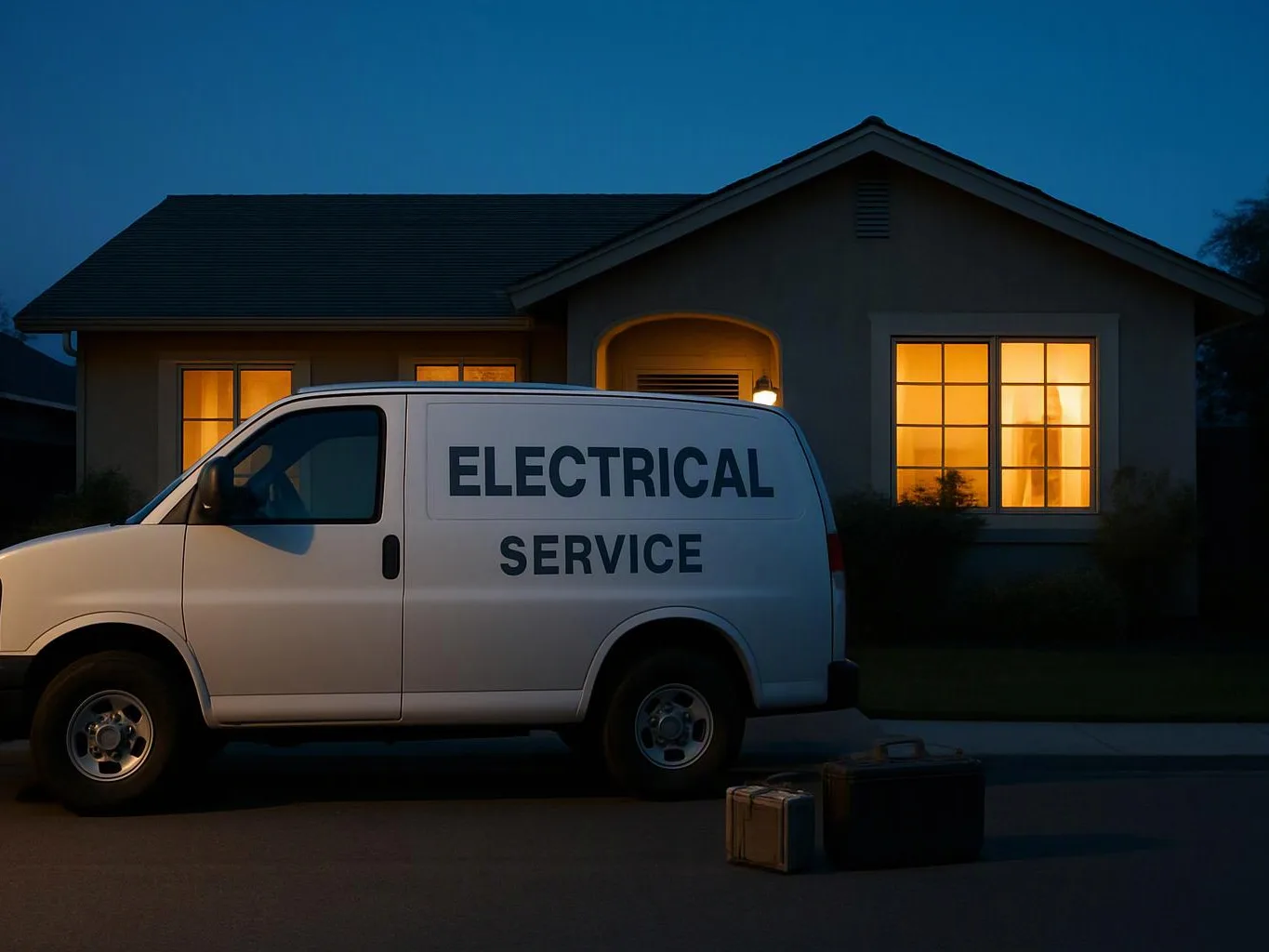 A white electrical service van is parked outside a lit house at dusk, with tool cases on the street