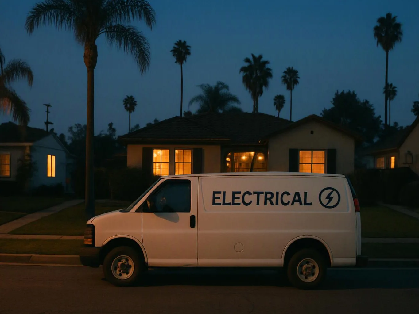 A white electrical van is parked on a dark suburban street at dusk, with lit houses and tall palm trees behind it