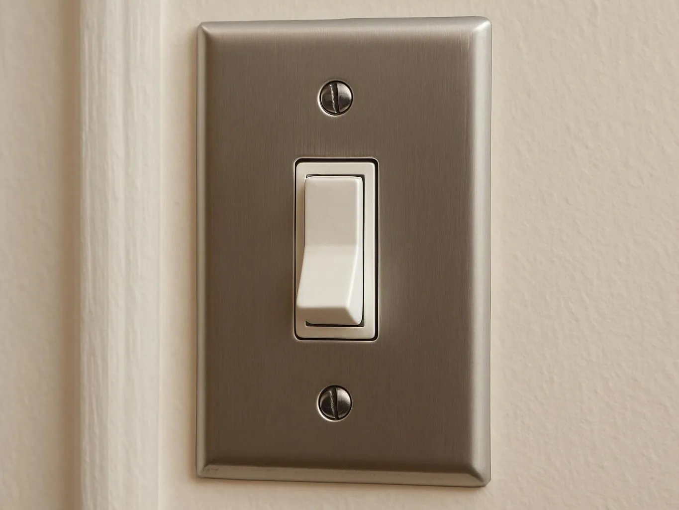 A white light switch sits on a brushed metal plate against a beige wall