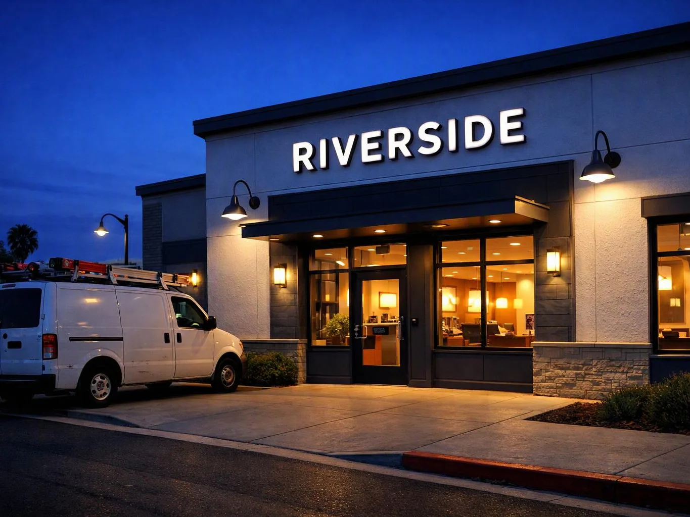 A white work van is parked outside a lit storefront with the sign “RIVERSIDE” at dusk