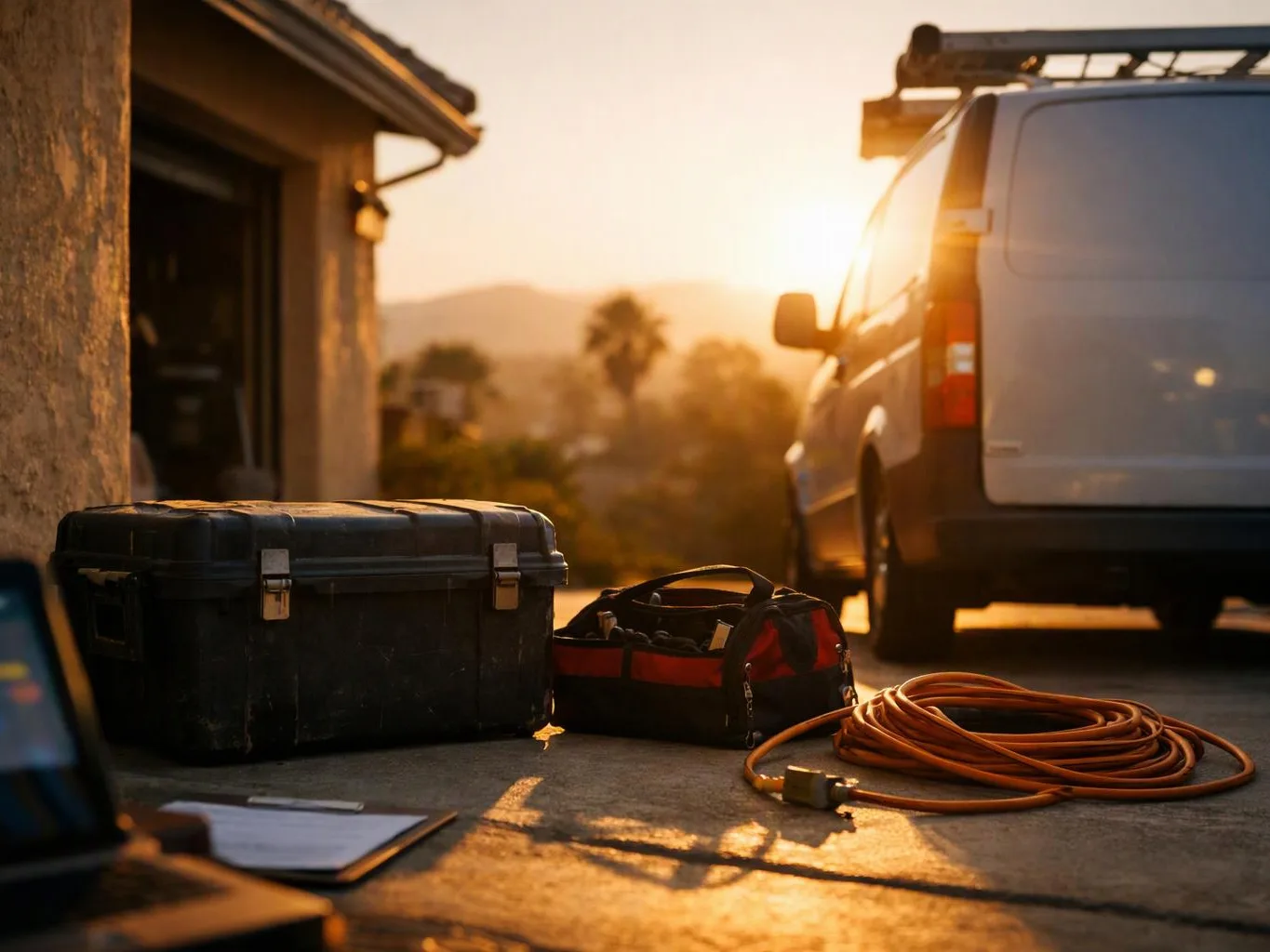 A white work van sits beside a garage at sunset, with tool cases and an orange extension cord on the driveway