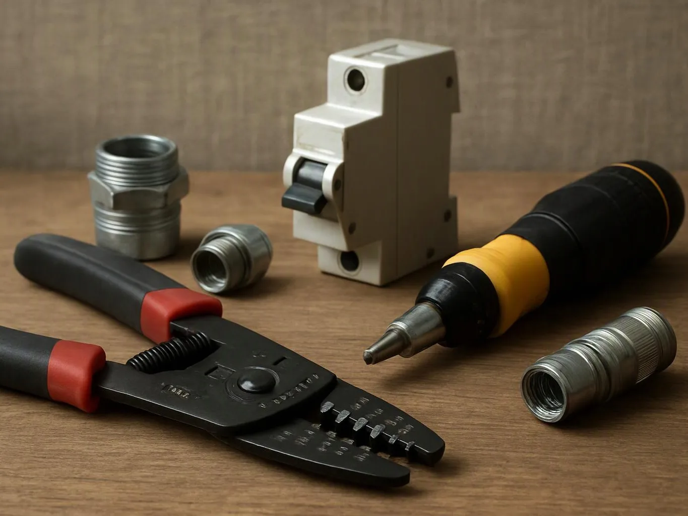 Wire strippers and a screwdriver lie beside metal cable fittings on a wooden workbench