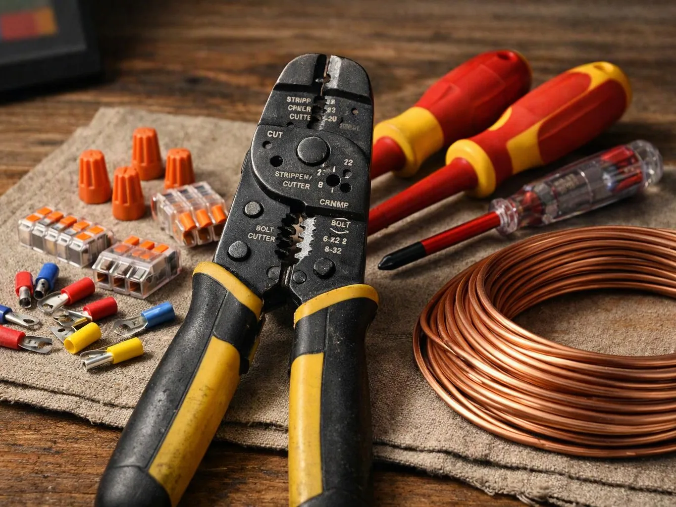 Wire strippers, screwdrivers, connectors, and coiled copper wire lie on a cloth-covered wooden workbench