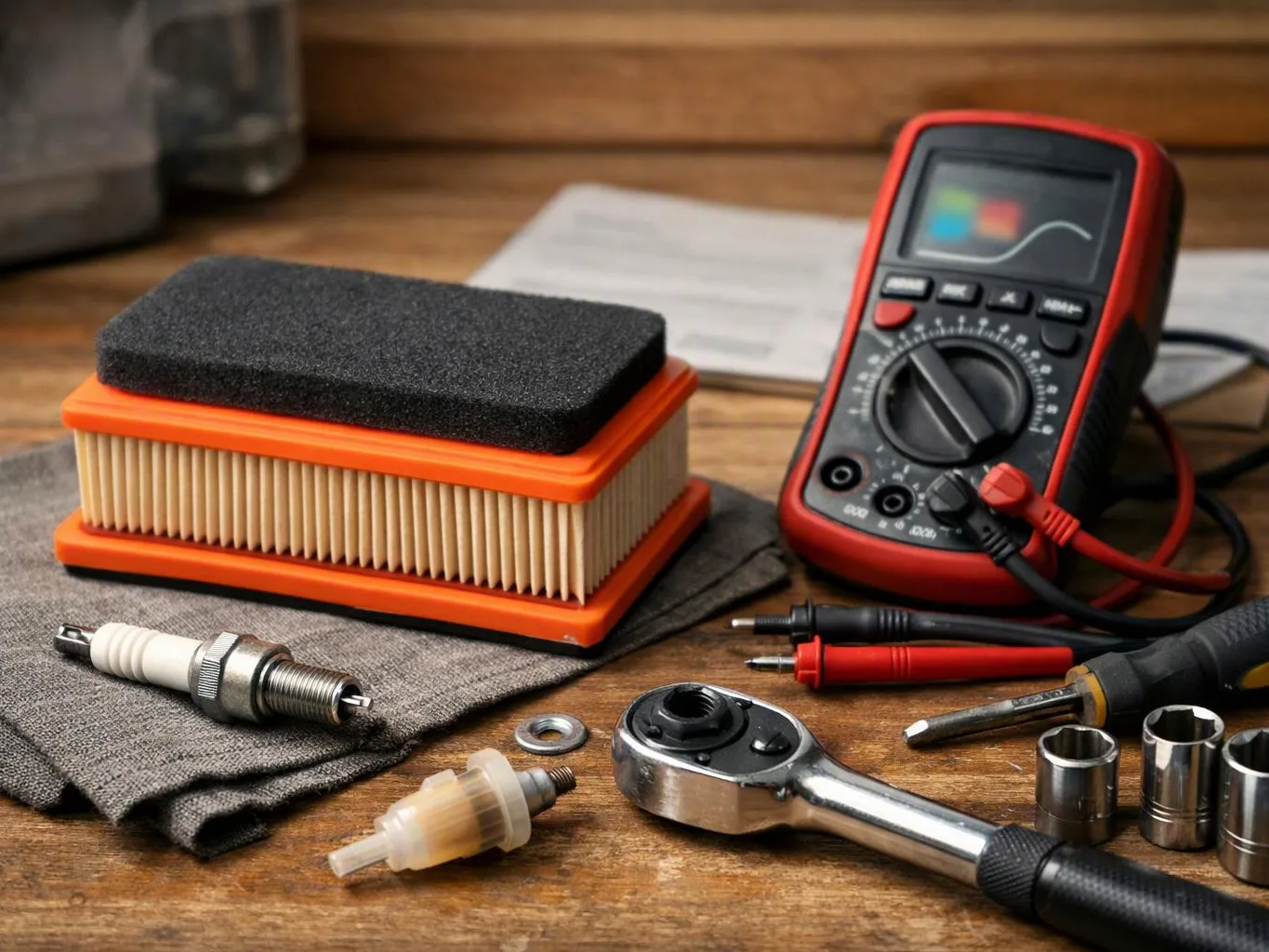 A workbench holds an air filter, spark plug, multimeter, ratchet, and loose sockets on a wooden surface