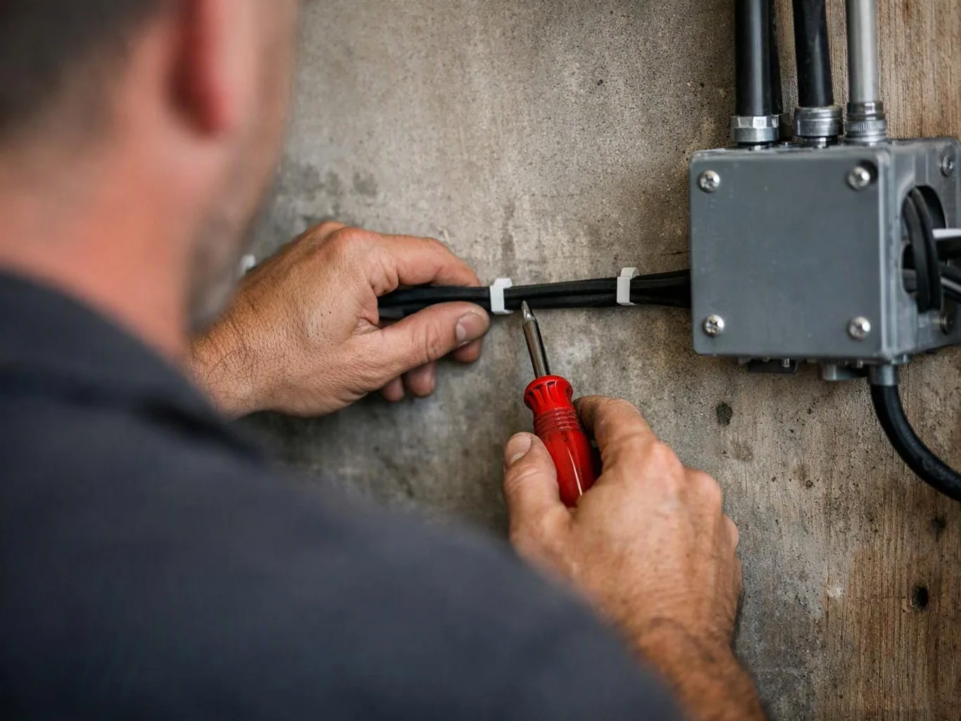 A worker fastens black cables beside a gray electrical box on a concrete wall