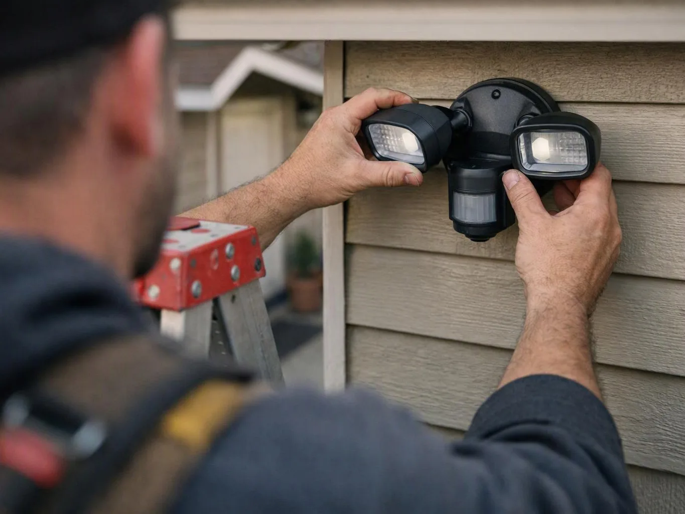 A worker on a ladder installs a motion sensor light on beige house siding