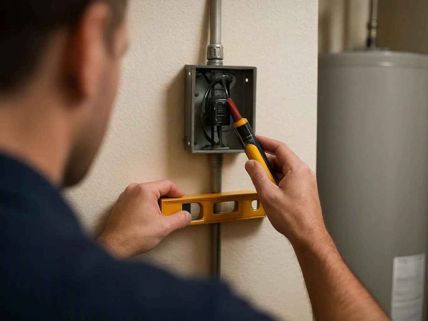 A worker levels an open wall electrical box with a bubble level and test pen in a utility room