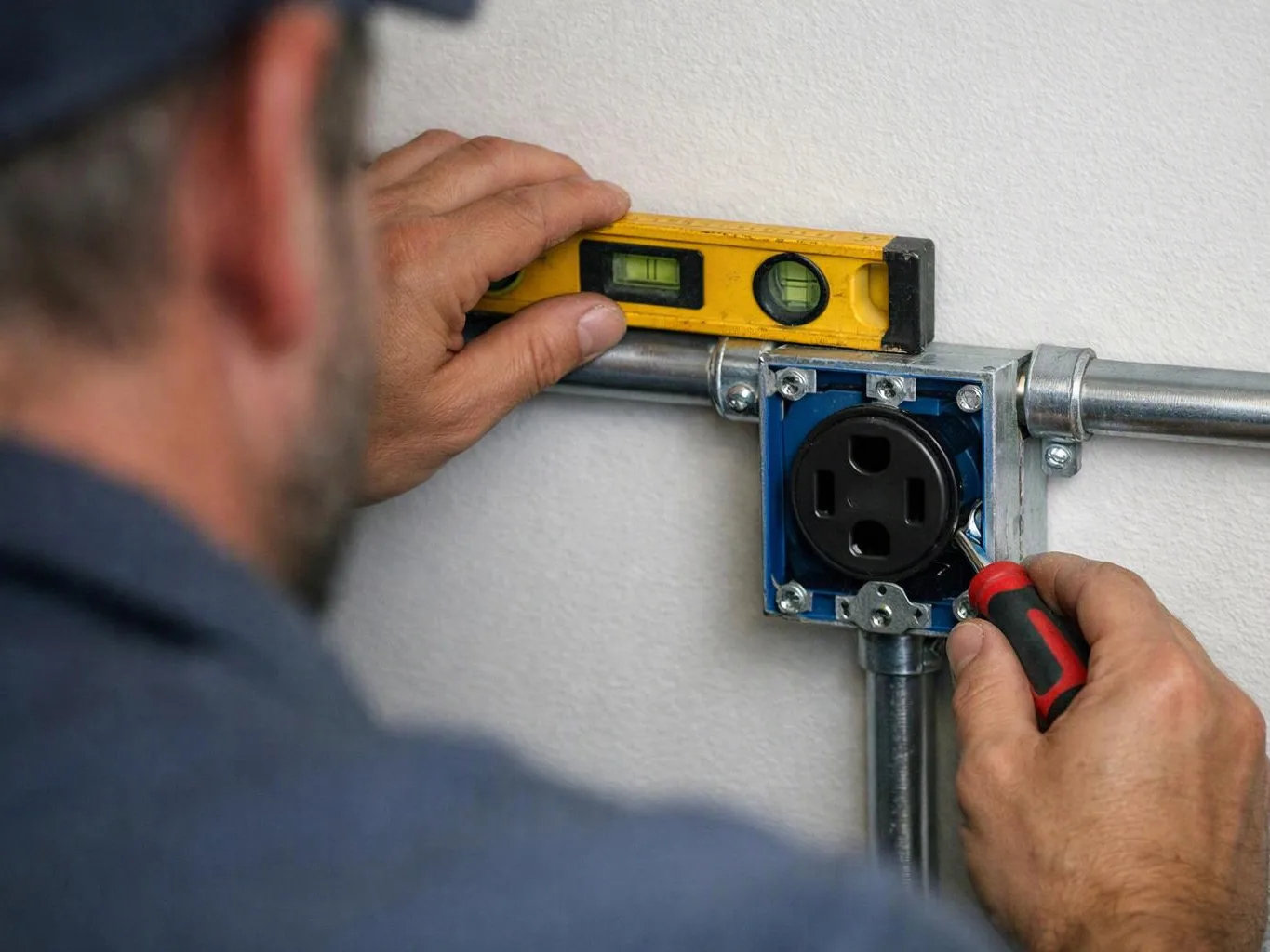 A worker levels a wall outlet box while tightening a screw with a screwdriver