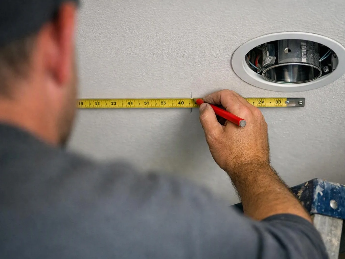 A worker marks a wall with a pencil while measuring beside a recessed ceiling light opening