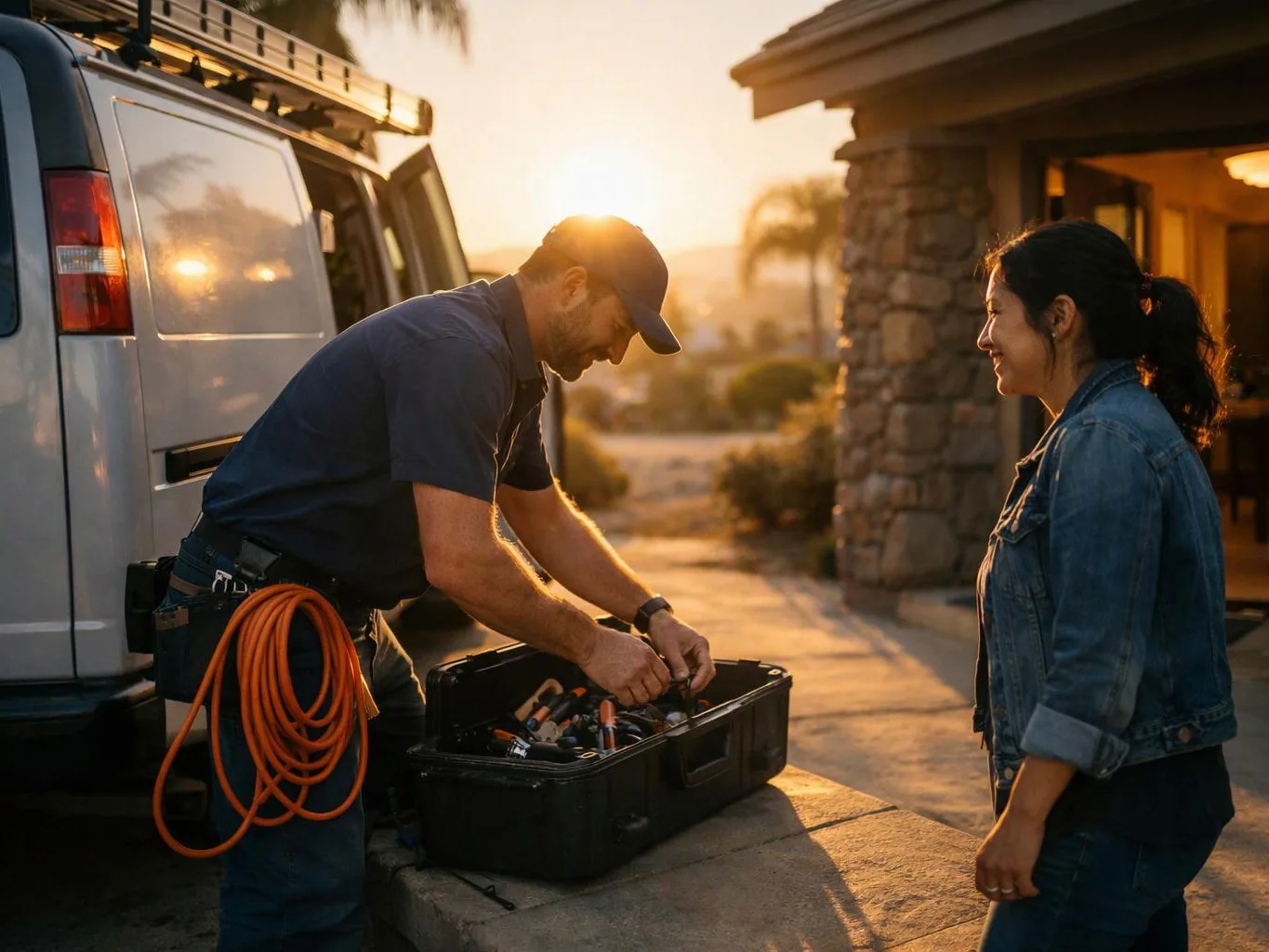 A worker sorts tools from a black case beside a van while a woman watches at sunset