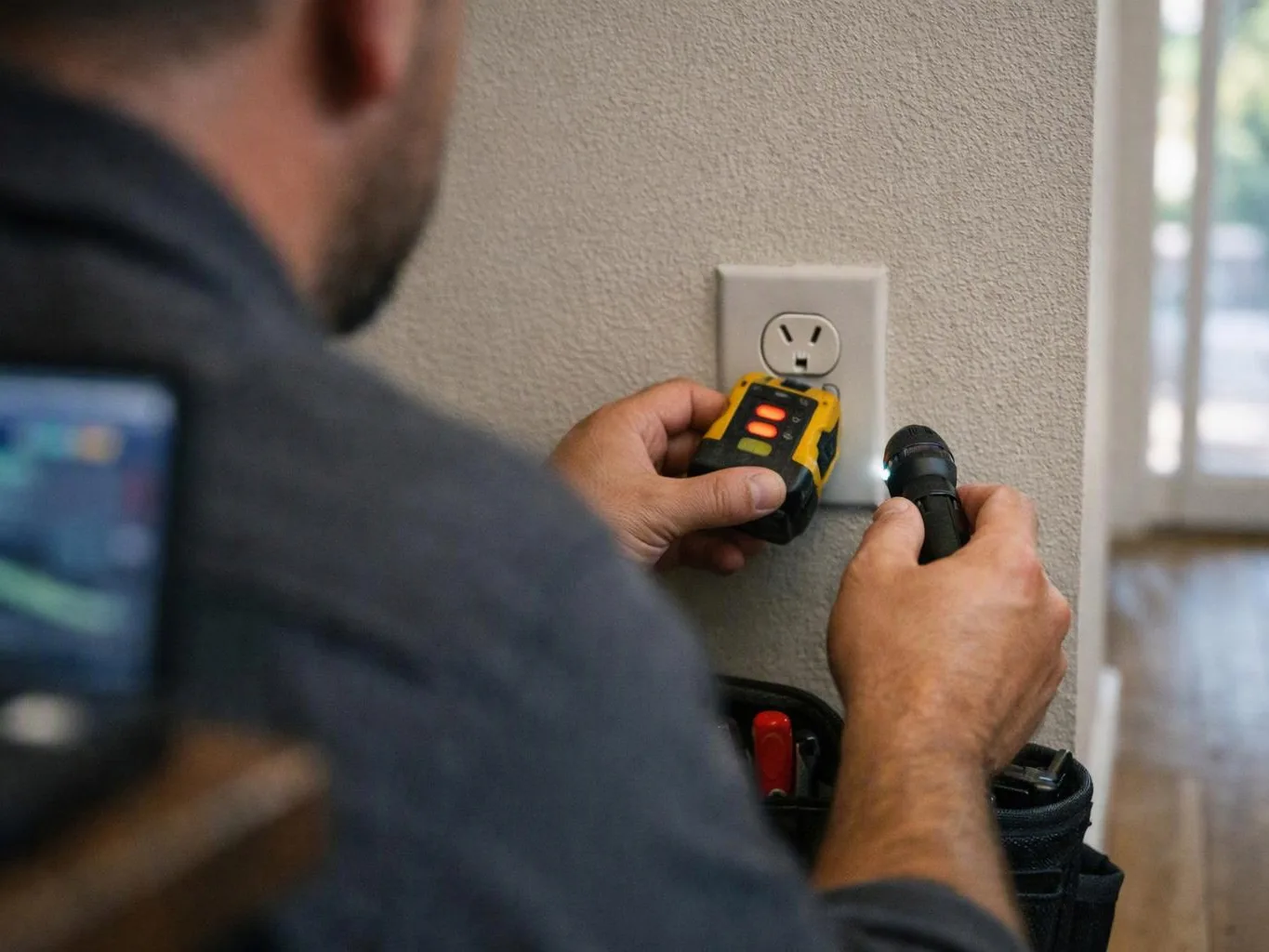 A worker tests a wall outlet with a yellow device while holding a flashlight in a room near a bright window