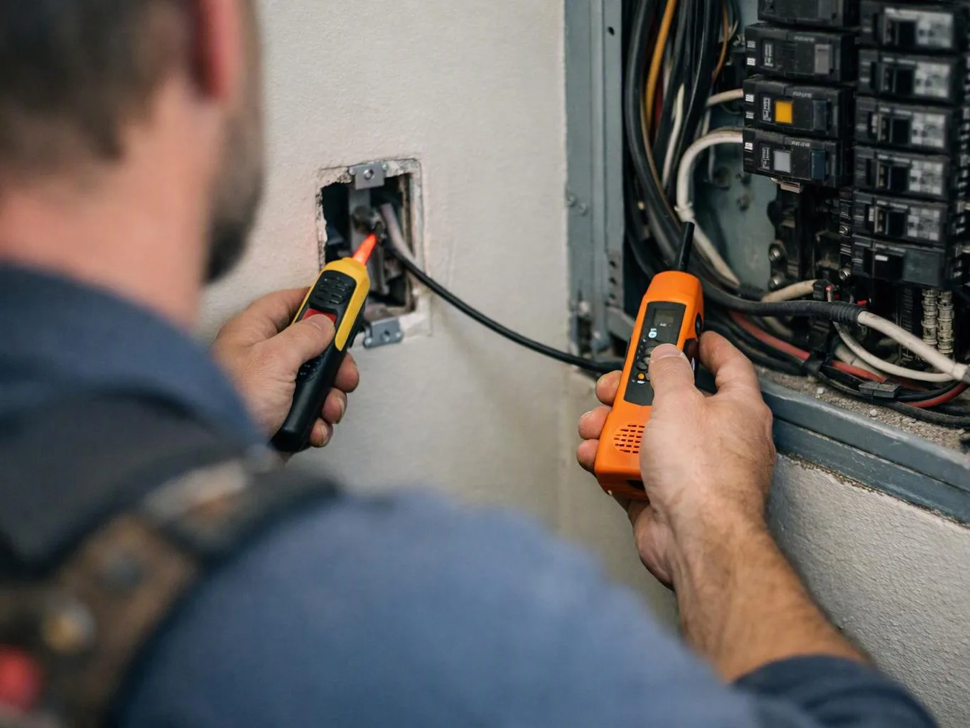 A worker tests wiring inside an open electrical panel with handheld voltage detectors