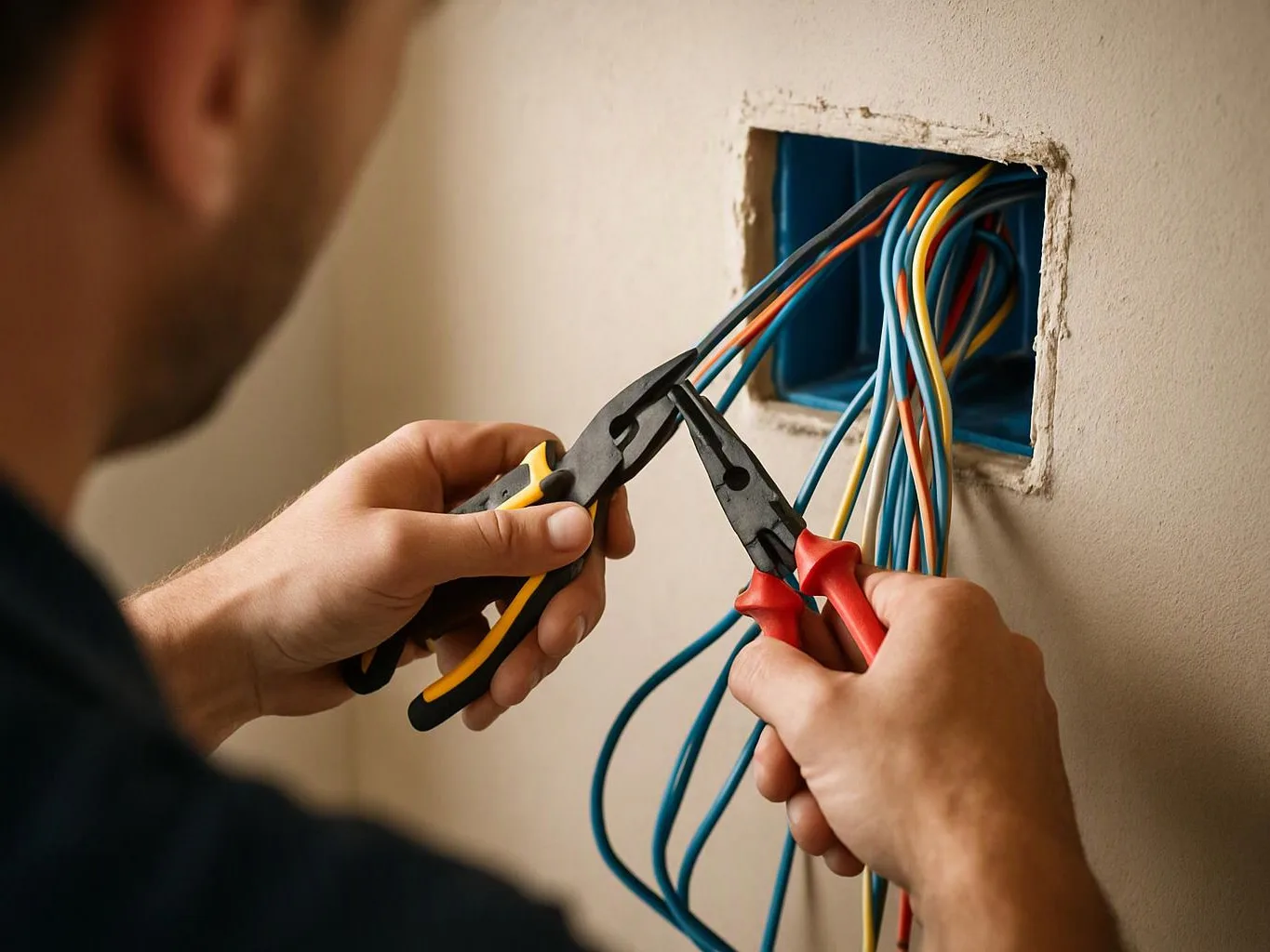 A worker uses pliers to sort colorful electrical wires coming from a wall opening