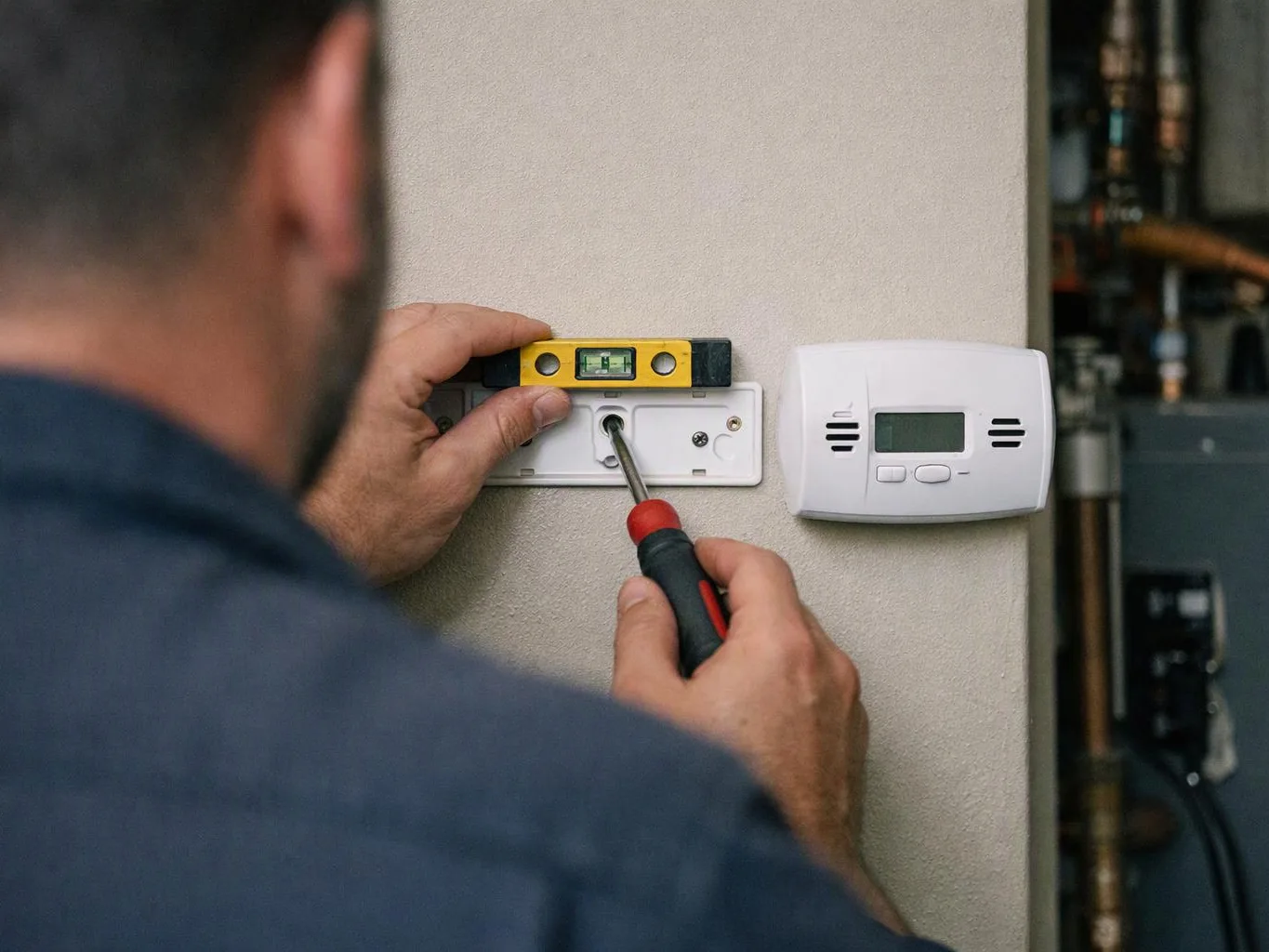 A worker uses a screwdriver and level to install a wall thermostat beside a blank plate